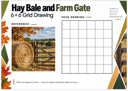 Hay Bale and Farm Gate Grid Drawing Worksheet | Autumn Countryside Art