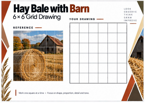Hay Bale with Barn Grid Drawing Worksheet | Farm Landscape Art