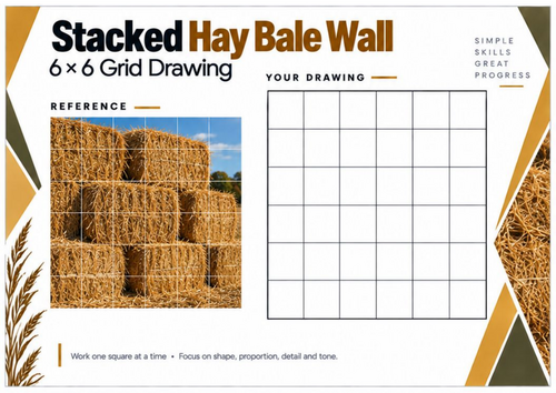 Stacked Hay Bale Wall Grid Drawing Worksheet | Farm Texture Art