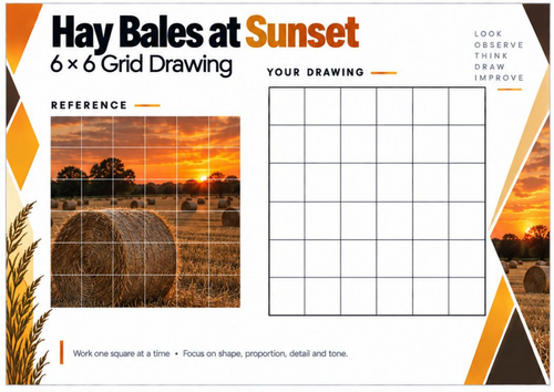 Hay Bales at Sunset Grid Drawing Worksheet | Countryside Landscape Art