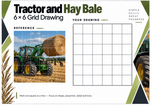 Tractor and Hay Bale Grid Drawing Worksheet | Farm & Countryside Art