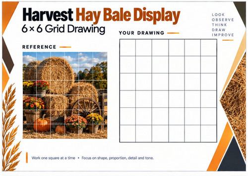 Harvest Hay Bale Display Grid Drawing Worksheet | Autumn Still Life Art