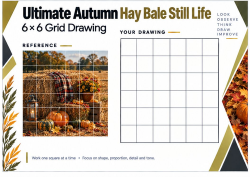 Ultimate Autumn Hay Bale Still Life Grid Drawing Worksheet | KS3 KS4 Art
