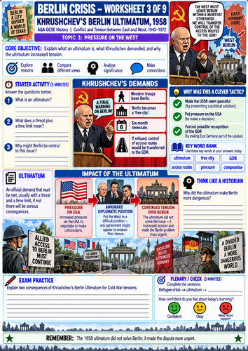 AQA GCSE History Cold War | Berlin Crisis 1945–61 | 8 Worksheets + Teacher Answer Guide