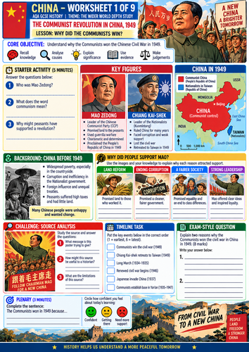 AQA GCSE History | Chinese Communist Revolution 1949 & the Cold War | 8 Worksheets + Teacher Ans