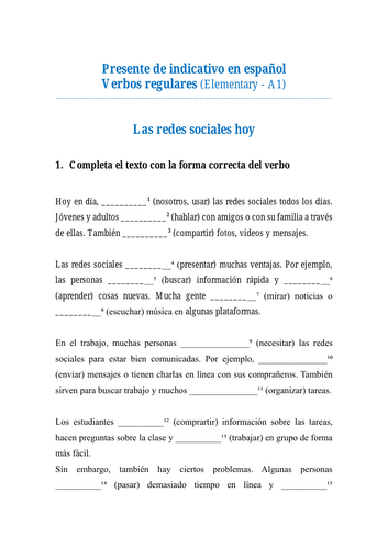 Spanish Present (PRESENTE indicativo) Social Media - Reading, Grammar & Speaking | Elementary - A1