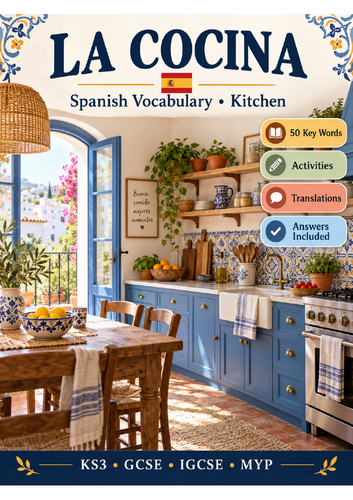 Title: Spanish La Cocina – Kitchen Vocabulary Workbook | KS3 GCSE IGCSE MYP | 50 Words + Answers