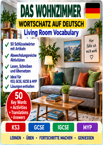 German Das Wohnzimmer – Living Room Vocabulary Workbook | KS3 GCSE IGCSE MYP | 50 Words + Answers