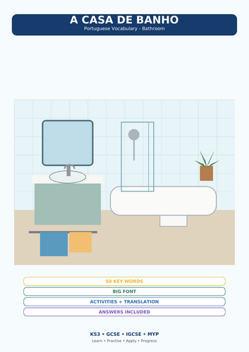 Portuguese A Casa de Banho – Bathroom Vocabulary Workbook | European Portuguese | KS3 IGCSE MYP | 50