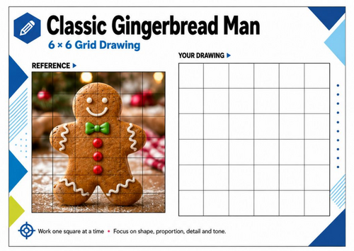 Classic Gingerbread Man Grid Drawing Worksheet | Christmas Art KS3 KS4