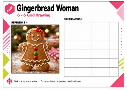 Gingerbread Woman Grid Drawing Worksheet | Christmas Art Activity KS3 KS4