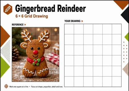 Gingerbread Reindeer Grid Drawing Worksheet | Festive Christmas Art