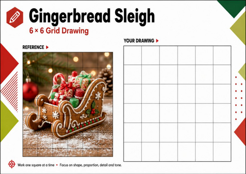 Gingerbread Christmas Sleigh Grid Drawing Worksheet | KS3 KS4 Art