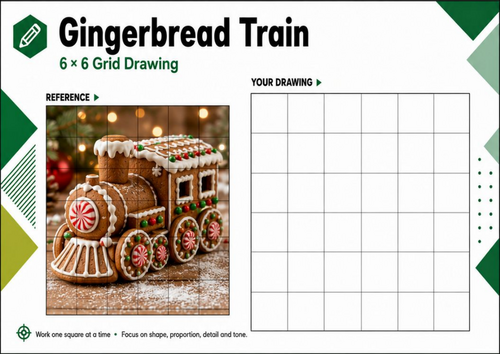 Gingerbread Christmas Train Grid Drawing Worksheet | Festive Art KS3 KS4