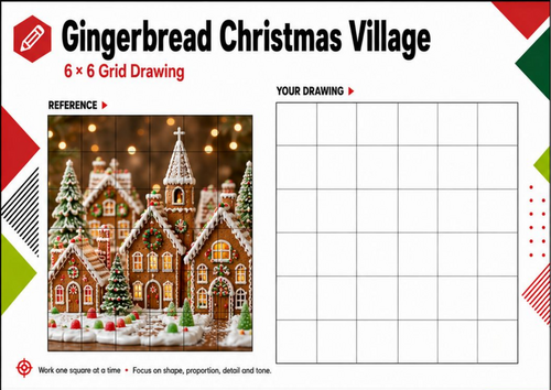 Gingerbread Christmas Village Grid Drawing | Festive Art Worksheet KS3 KS4