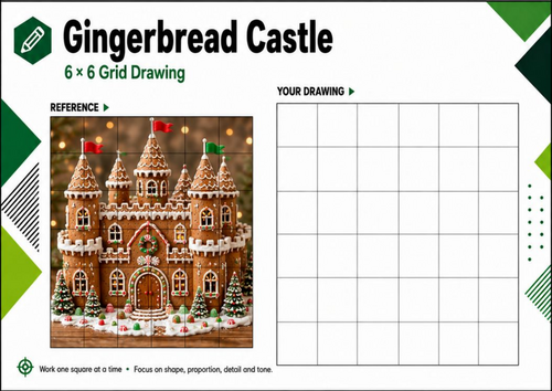 Gingerbread Castle Grid Drawing Worksheet | Christmas Art Activity KS3 KS4