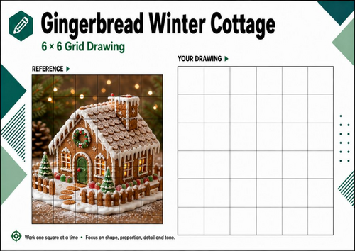 Gingerbread Winter Cottage Grid Drawing Worksheet | Christmas Art