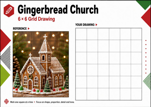 Gingerbread Christmas Church Grid Drawing Worksheet | KS3 KS4 Art