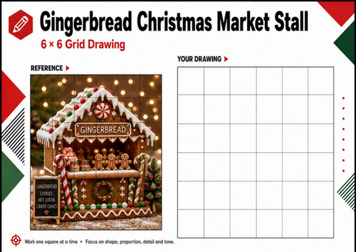 Gingerbread Christmas Market Stall Grid Drawing | Festive Art Worksheet