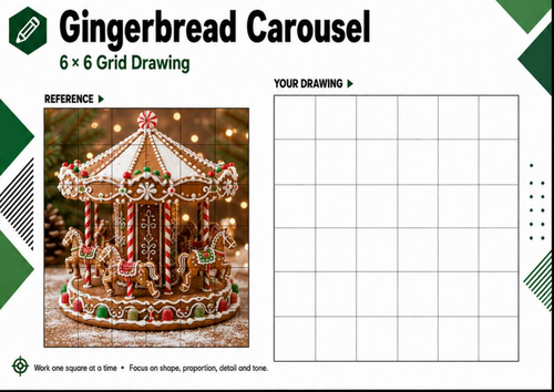 Gingerbread Christmas Carousel Grid Drawing Worksheet | KS3 KS4 Art