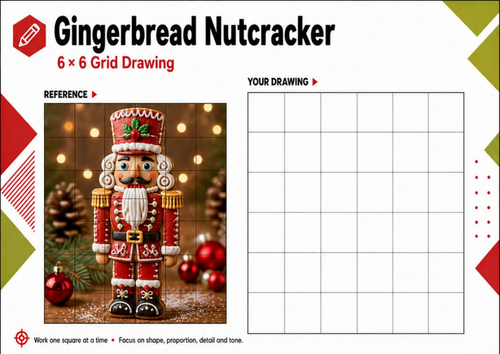 Gingerbread Nutcracker Grid Drawing Worksheet | Christmas Art KS3 KS4