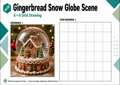 Gingerbread Snow Globe Grid Drawing Worksheet | Christmas Art Activity