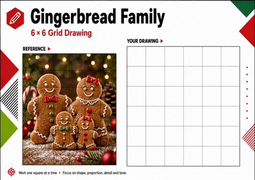 Gingerbread Family Grid Drawing Worksheet | Festive Christmas Art KS3 KS4