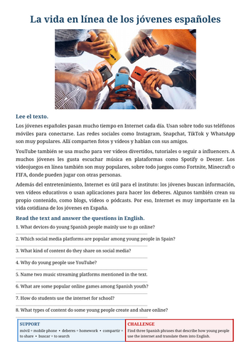 Spanish Reading Comprehension – The Online Lives of Young People in Spain