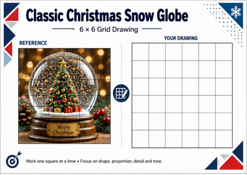 Classic Christmas Snow Globe Grid Drawing Worksheet | Christmas Art KS3 KS4