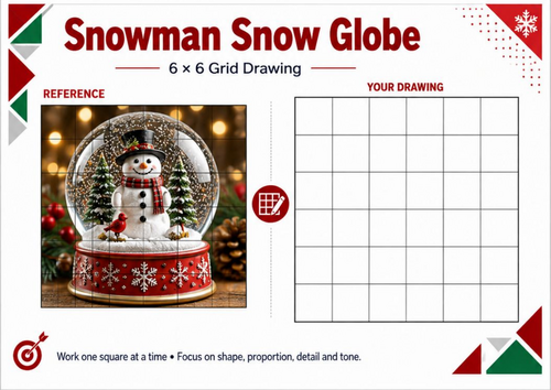 Snowman Snow Globe Grid Drawing Worksheet | Christmas Winter Art KS3 KS4