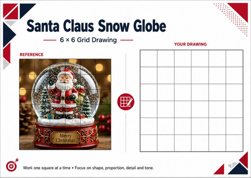Santa Claus Snow Globe Grid Drawing Worksheet | Christmas Art Activity KS3 KS4