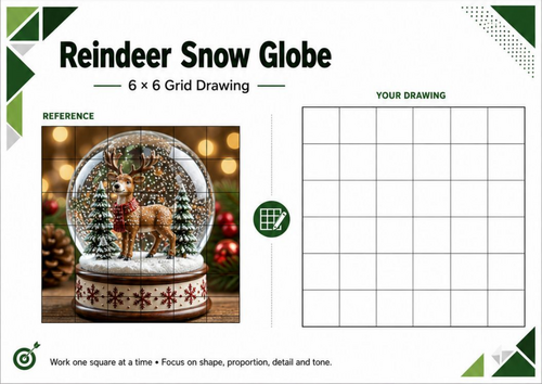 Reindeer Snow Globe Grid Drawing Worksheet | Christmas Drawing KS3 KS4 Art