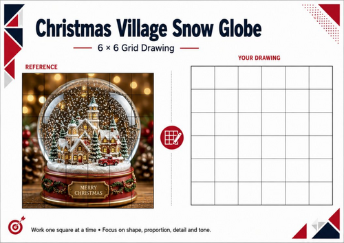 Christmas Village Snow Globe Grid Drawing Worksheet | Festive Art KS3 KS4