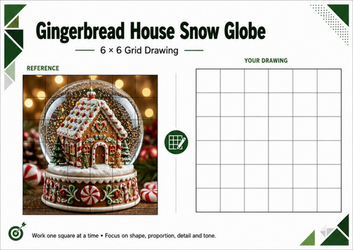 Gingerbread House Snow Globe Grid Drawing Worksheet | Christmas Art KS3 KS4