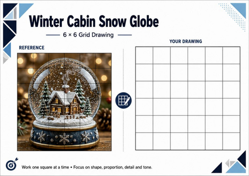 Winter Cabin Snow Globe Grid Drawing Worksheet | Winter Christmas Art KS3 KS4