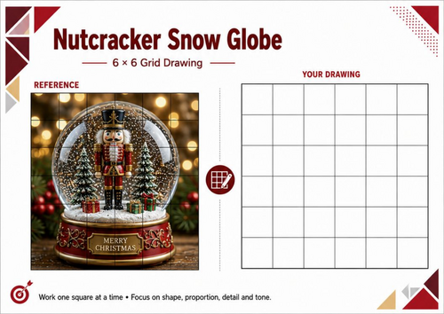 Nutcracker Snow Globe Grid Drawing Worksheet | Christmas Art Activity KS3 KS4