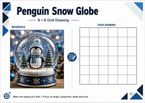 Penguin Snow Globe Grid Drawing Worksheet | Winter Christmas Art KS3 KS4