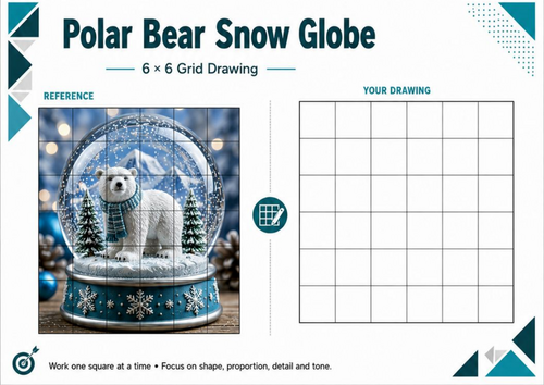 Polar Bear Snow Globe Grid Drawing Worksheet | Winter Art Activity KS3 KS4