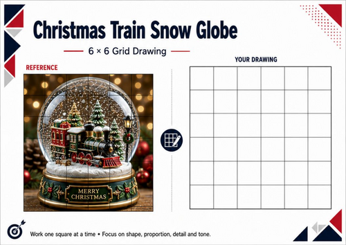 Christmas Train Snow Globe Grid Drawing Worksheet | Festive Art KS3 KS4