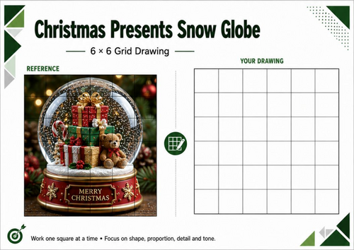 Christmas Presents Snow Globe Grid Drawing Worksheet | Christmas Art KS3 KS4