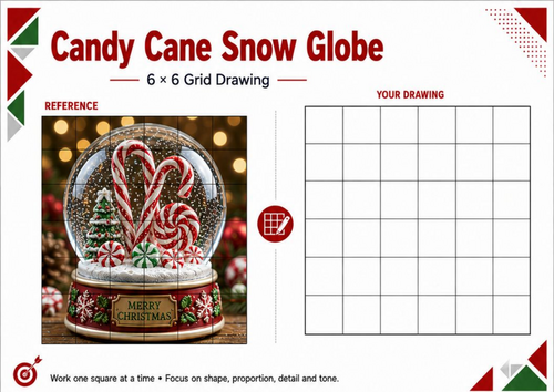 Candy Cane Snow Globe Grid Drawing Worksheet | Christmas Drawing Activity KS3 KS4