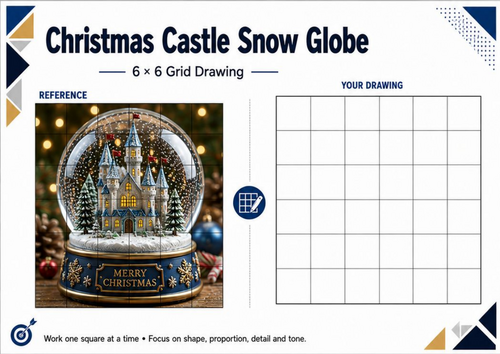 Christmas Castle Snow Globe Grid Drawing Worksheet | Festive Winter Art KS3 KS4