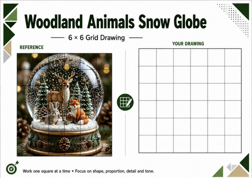 Woodland Animals Snow Globe Grid Drawing Worksheet | Winter Christmas Art KS3 KS4