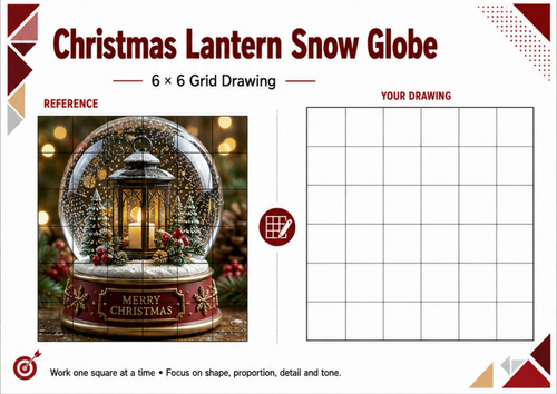 Christmas Lantern Snow Globe Grid Drawing Worksheet | Festive Art KS3 KS4