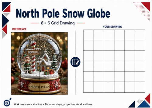 North Pole Snow Globe Grid Drawing Worksheet | Christmas Art Activity KS3 KS4