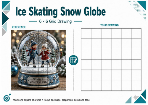 Ice Skating Snow Globe Grid Drawing Worksheet | Winter Christmas Art KS3 KS4