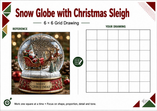 Christmas Sleigh Snow Globe Grid Drawing Worksheet | Santa Christmas Art KS3 KS4