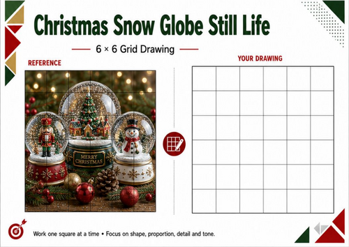 Christmas Snow Globe Still Life Grid Drawing Worksheet | Christmas Art KS3 KS4