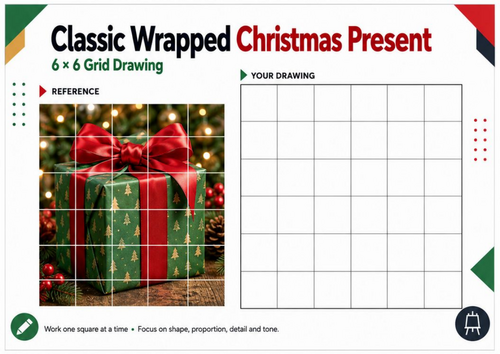 Classic Wrapped Christmas Present – Grid Drawing Worksheet