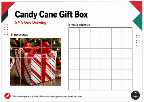 Candy Cane Gift Box – Grid Drawing Worksheet